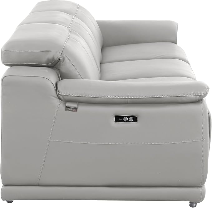 Blackjack Furniture Venice Top Grain Italian Leather Power Recline 3 Piece Sofa - 107" Theater Seating Modern Couch for Living Room Apartment Home with Adjustable Headrests & USB Port, Light Grey