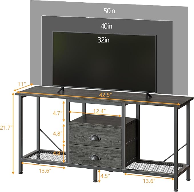 Furologee TV Stand with 2 Fabric Drawers, 43 Inch Entertainment Center with Open Storage Shelves, Media Console Table for Bedroom, Living Room, Light Black Oak