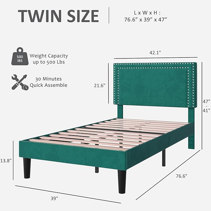 Twin Size Platform Bed Frame with Height Adjustable Upholstered Headboard, Modern Mattress Foundation,Strong Wood Slat Support, No Box Spring Needed, Easy Assembly