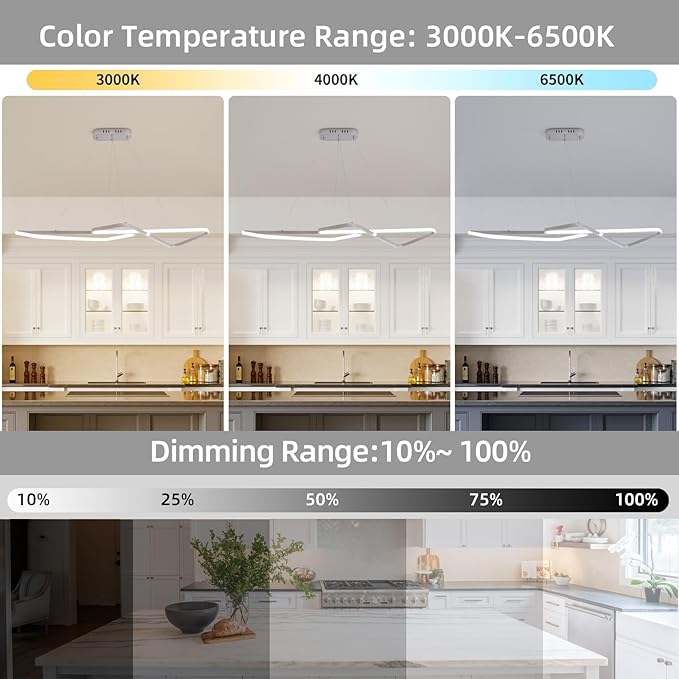 47.24 in Dimmable Modern LED Chandeliers for Dining Room - Adjustable Height Pendant Light Fixture Over Table, Contemporary Silver Chandelier Light Fixture (Chrome 47.24")