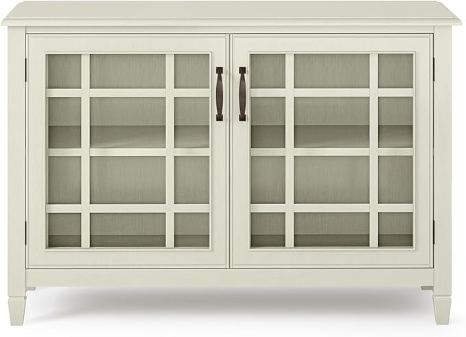 SIMPLIHOME Connaught Solid Wood 46 Inch Wide Traditional Low Storage Cabinet in Antique White, for the Living Room, Entryway and Family Room