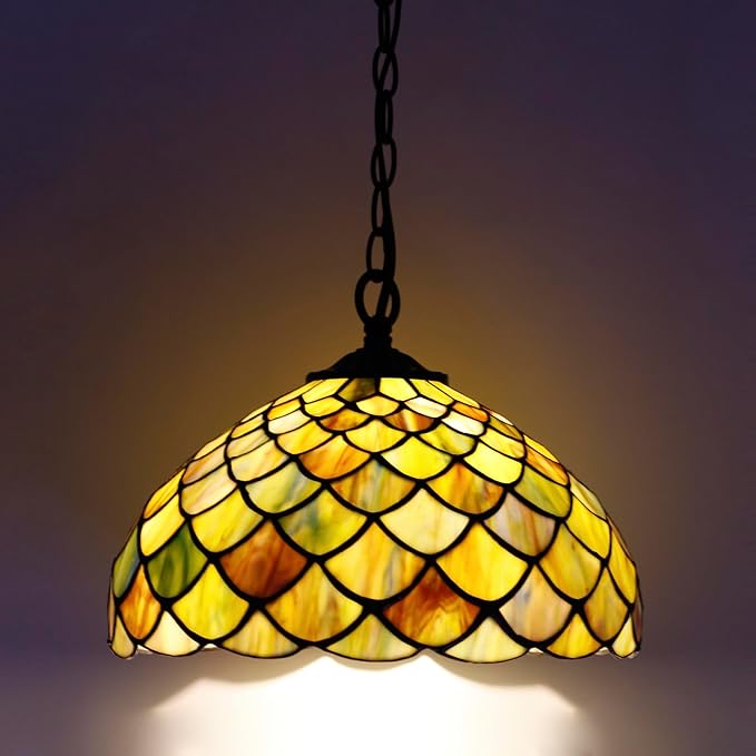 Tiffany Pendant Light Plug in 12 Inch Brown Fish Scales Stained Glass Hanging Lamp with Chain 33 Inch, Cord 15 Feet