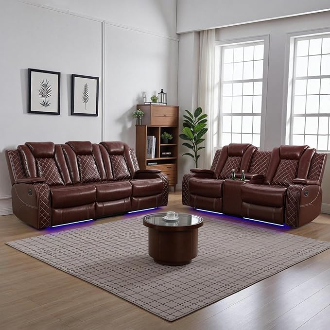Power Recliner Sofa Set for Living Room, Leather Power Reclining Sofa Sets with LED Lights, Console Storage, Recliner Couch with USB Port(Sofa and Loveseat,Red)