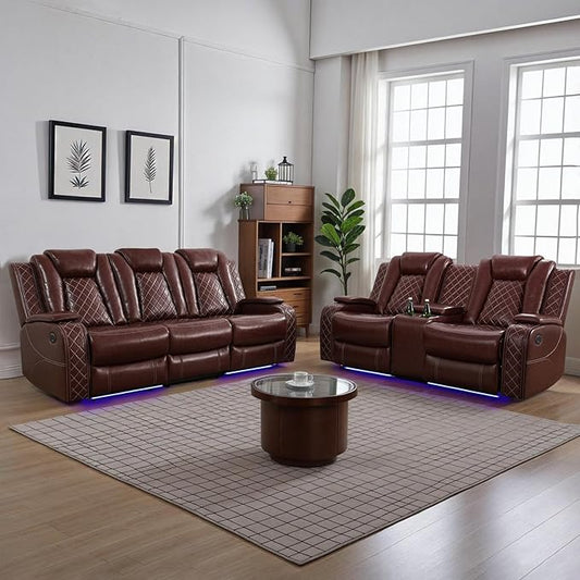 Power Recliner Sofa Set for Living Room, Leather Power Reclining Sofa Sets with LED Lights, Console Storage, Recliner Couch with USB Port(Sofa and Loveseat,Red)