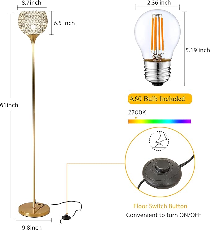 Spherical Crystal Floor Lamp, Gold 8.7 in Shade Elegant Standing Light with Crystal lamp Shade, Modern 61 in Tall Pole Lighting for Living Room, Bedroom, Office, E26 Base, LED Bulb Included