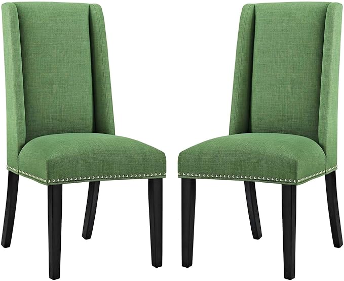 Modway Baron Modern Tall Back Wood Upholstered Fabric Two Dining Chairs in Green