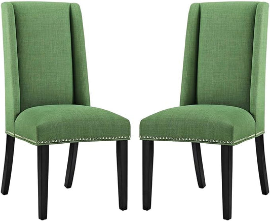 Modway Baron Modern Tall Back Wood Upholstered Fabric Two Dining Chairs in Green