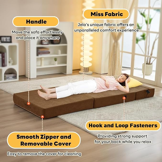 jela Foldable Sofa Bed Large Soft Foam Convertible Sleeper Chair Luxury Miss Fabric Fold Out Chair Bed Floor Couch with Back Support Floor Sofa for Living Room Bedroom (83"x33",Coffee Brown) | breathable material