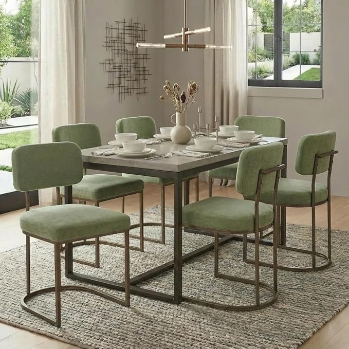Dining Chairs Set of 4, Upholstered Modern Kitchen Chairs with Ergonomic Backrest, Fabric Cushion & Wire Drawing Curve Metal Legs for Living Room, Restaurant, Café, Green, 2Boxs