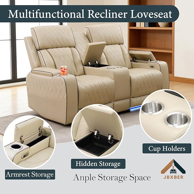 Power Recliner Sectional Sofa Set, Beige Leather Sectional Couch and Loveseat for Living Room, L Shape Reclining Sofa with Cup Holder, Hidden Storage, Drop-Down Table for House(8 Seat)