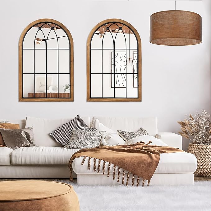 Farmhouse Wooden Arched Mirror, Decorative Arch Mirror Wall Decor, Rustic Window Pane Mirrors, Wood Framed Wall Mirrors for Entryway, Living Room