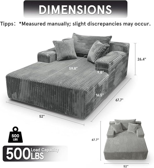 Sytopia Chaise Lounge with Armrests, Oversized Sofa Bed with 3 Pillows, Cozy Couch, Sleeper Reading Chair for Living Room Bedroom, Floor Sofa Corduroy, Furniture Sala, Urban Grey