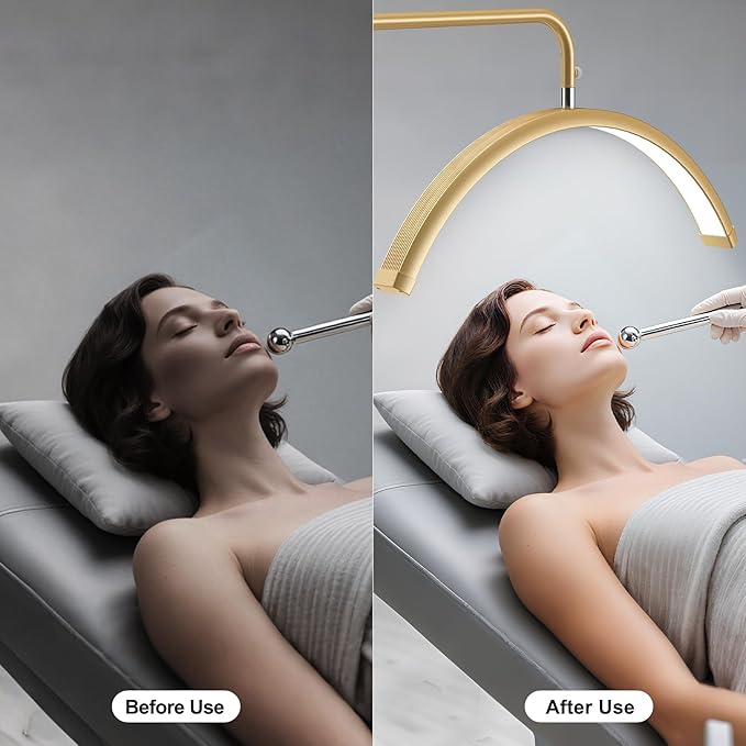 AURELLE Half Moon Lash Light - Adjustable LED Floor Lash Lamp with 4X Magnifier & Phone Holder for Eyelash Extensions,Nail Art,Tattoo,Skincare,Salon SPA-Dimmable Brightness,Rotating Head, Gold