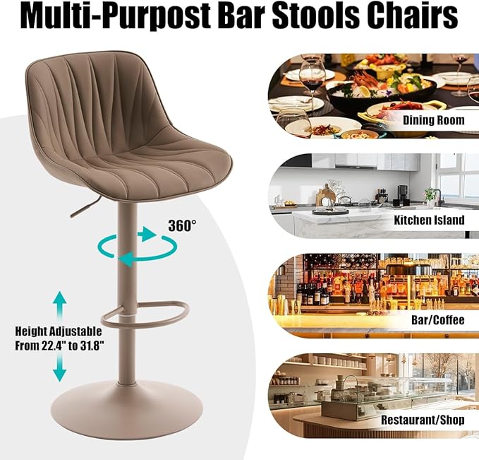 Kidol & Shellder Bar Stools Set of 2 Khaki Adjustable Swivel Counter Height Barstools Upholstered Modern PU Leather Bar Chairs Stools for Kitchen Island