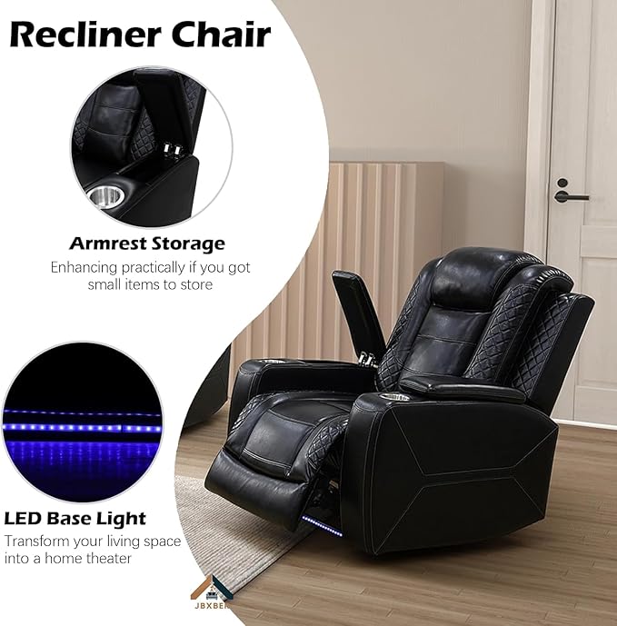 Power Reclining Sofa Set for Living Room, Leather Recliner Couch and Chair with Drop-Down Table, Power Pads, Reading Lights for House/Home Teather(Sofa and Chair, Black)