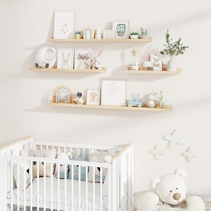 Fun Memories Picture Ledge Shelf, Pine Wood Floating Shelves Set of 2, 48 inch Nursery Book Shelves, Photo Ledge Book Shelves Wall Mounted for Living Room Kids' Room Bedroom - Natural