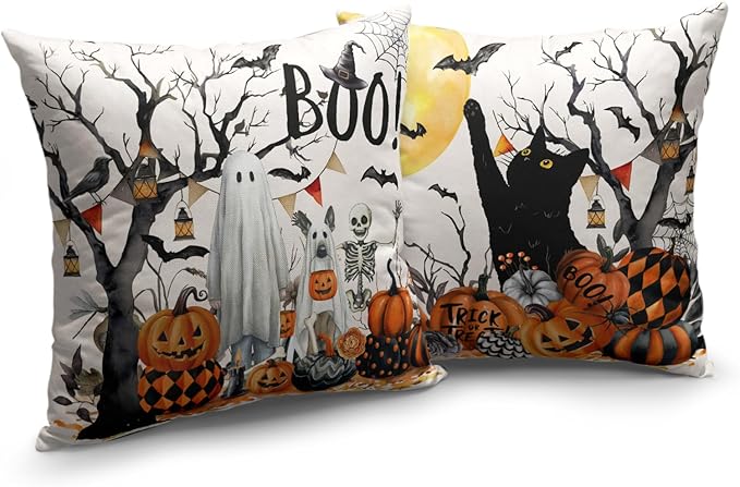 Halloween Outdoor Pillow Covers 18x18 Set of 2 Black Cat Pumpkin Moon Bat Throw Pillow Cases Ghost Spooky Boo Dog Skull Pillowcase Fall Holiday Decor for Home Sofa Couch