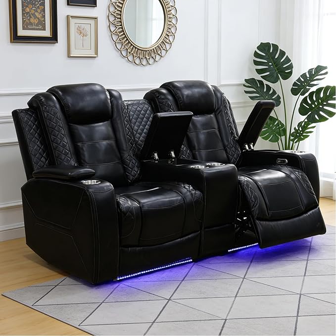 Power Reclining Sofa Set for Living Room, Leather Recliner Loveseat with Cup Holders, Storage Console for House/Home Teather(2 Seater Loveseat, Black)
