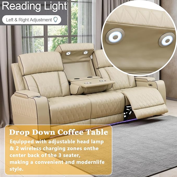 Power Recliner Sectional Sofa Set with LED, Luxury Breathing Leather Reclining Corner Couch Set, 9 Seat L-Shaped Sofa Couch Set with 3 Seats Sofa, Cup Holders/Storage for Living Room