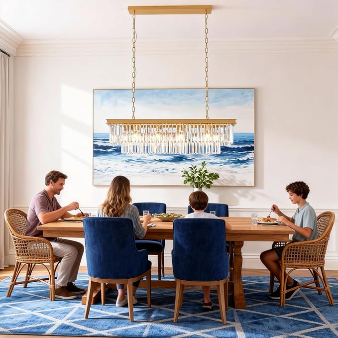 Gold Modern Rectangular Crystal Linear Chandeliers Rectangle Contemporary Pendant Ceiling Light Fixture for Kitchen Island, Dining Room, Bar, 12-Light 47 Inches