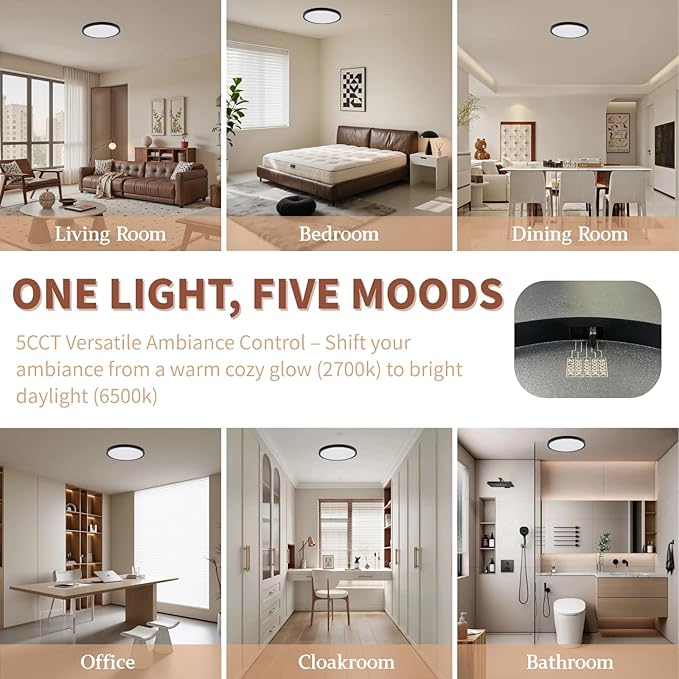 6Pack Flush Mount Ceiling Light Fixtures, 18W 2160LM & 5CCT Selectable (2700K-6500K), 8.66 Inch Edge-Lit LED Ceiling Lights for Bedroom Kitchen Hallway Closet Room Laundry, Black