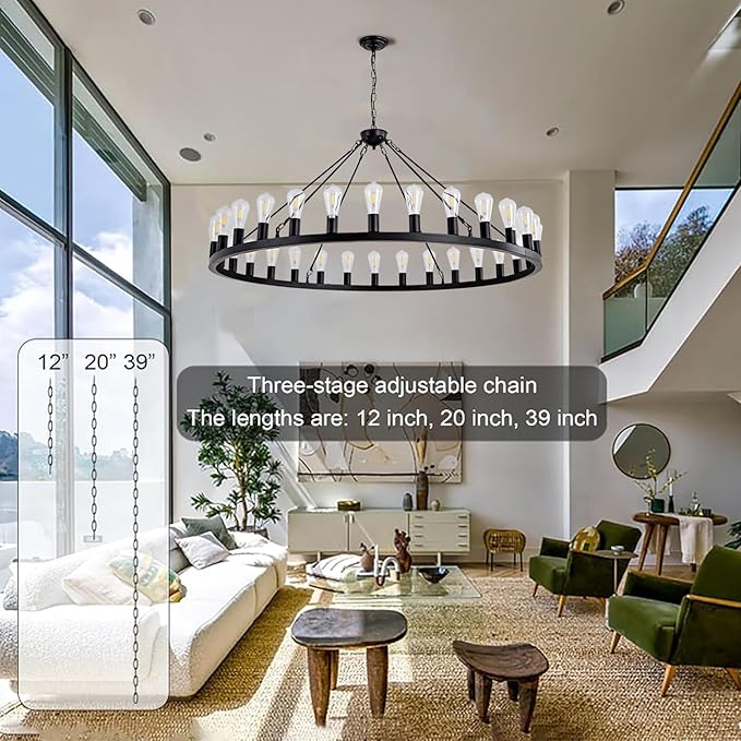 Wagon Wheel Chandelier Farmhouse 53" 30-Light Large Black Farmhouse Round Wheel Chandelier Light fixtures Outdoor Wagon Wheel Chandeliers for Porch high Ceilings Dining Room Living Room