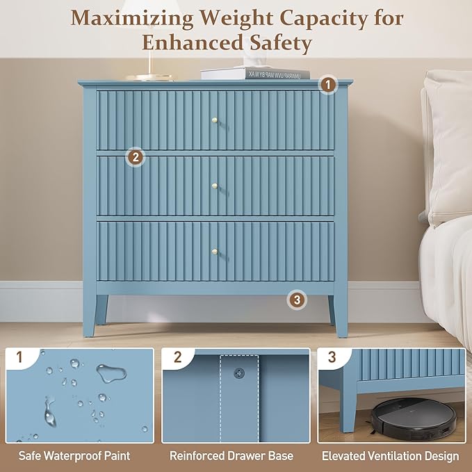 Large Muted Blue Fluted 3 Drawer Dresser Set of 2, Chest of Drawers with Ball Bearing Slide Modern 30 inch Tall Wood Nightstand with Spacious Storage for Living Room Entryway