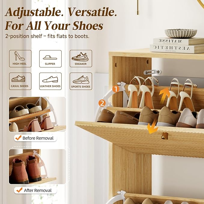 Nicetree Shoe Cabinet Storage for Entryway, Narrow Shoe Rack with Tiered Fluted Design, 4 Flip Drawers & 3-Tier Adjustable Shelves, Shoe Organizer with Gold Legs,Light Natural Oak