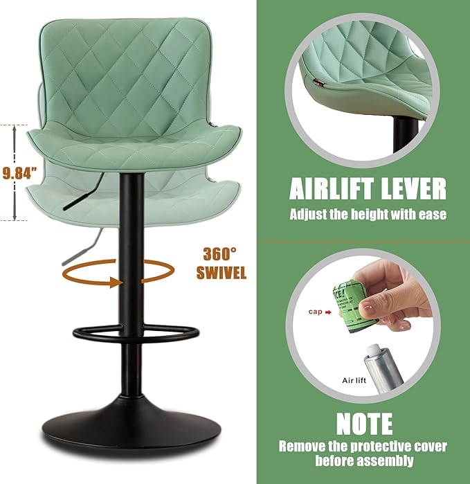 YOUNUOKE Bar Stools Set of 2 with Back Modern Faux Leather Swivel Counter Height Barstools Adjustable Tall Bar Stool Chairs for Kitchen Islands, Sea Green