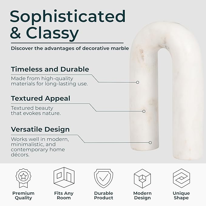 White Marble Arch Decorative Object – Rounded Horseshoe Sculpture Modern Home Decor – Contemporary Shelf & Coffee Table Decor for Office & Living Room – 5" x 8"