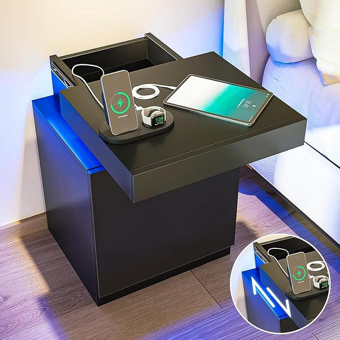 Nightstands Set of 2, 17.7 Inches LED Night Stand Set 2 with Charging Station, Bedside Table with Sliding Top Storage, Modern End Table for Bedroom, Black
