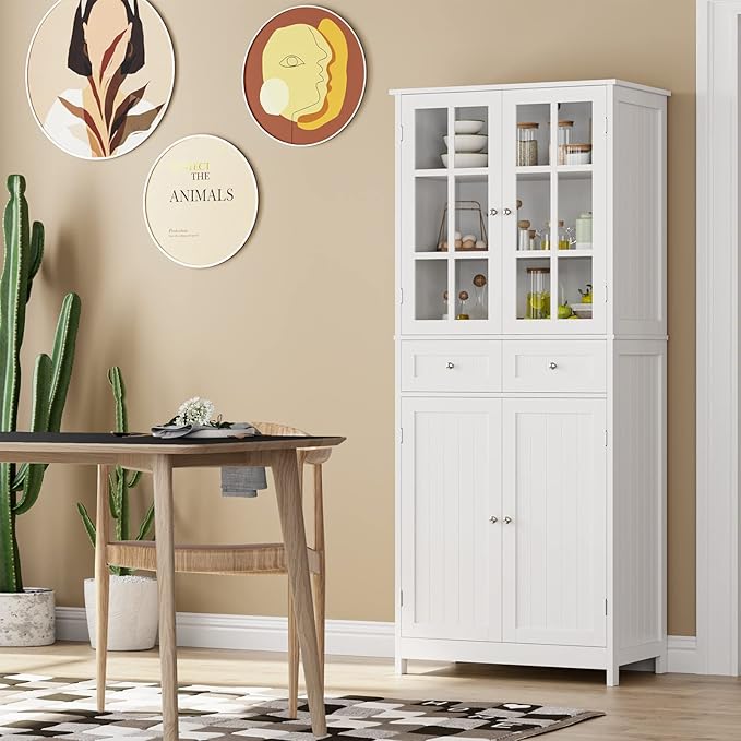 71" Tall Kitchen Pantry Storage Cabinet, Pantry Cabinet with Drawers and Glass Doors, Freestanding Kitchen Cupboard for Dining Room, Laundry, White