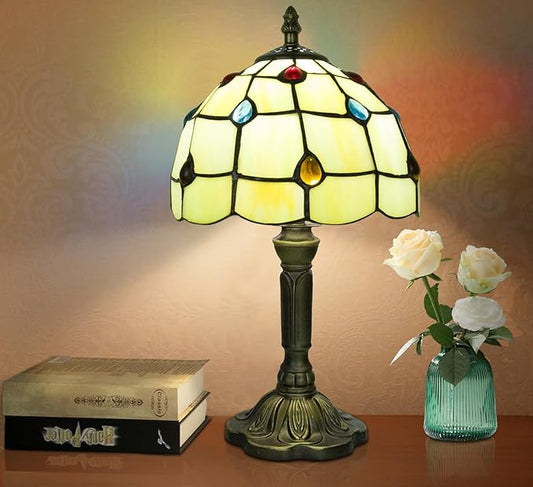 Crefotu Tiffany Style Table Lamp, 3 Color Temperatures Bedside Lamp, 8 Inch Stained Glass Desk Light for Home Office Bedroom Living Room (Phoenix Tail Pattern)