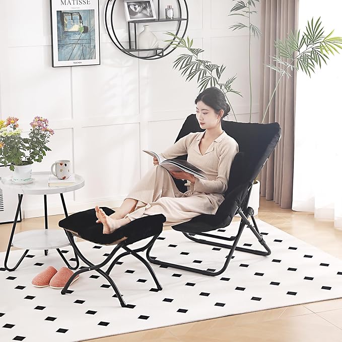 Comfy Saucer Chair with Ottoman, Oversized Folding Faux Fur Chair Soft Furry Lazy Chair with Metal Frame Moon Chair Accent Chair for Bedroom, Living Room, Dorm Rooms, Black