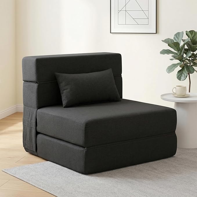 SUYOLS Folding Sofa Bed with Pillow- Convertible Chair Floor Couch & Sleeping Mattress, Foldable Memory Foam Sleeper for Living Room/Dorm/Guest Room/Home Office/Apartment/Loft, Single28, Dark Gray