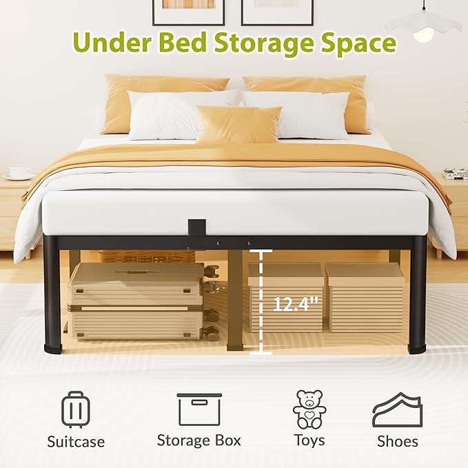 14 Inch Queen Bed Frame, Metal Platform Bed Frame with Round Corner Legs, 3500 lbs Heavy Duty Steel Slats Support, No Box Spring Needed, Noise Free, Easy Assembly, Black