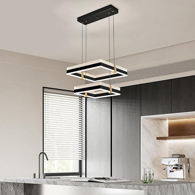 Modern LED Chandelier with Remote Control 2 Ring Dimmable 3 Color Black Gold Adjustable Pendant Light Square Chandelier Dining Light Fixture for Kitchen Bedroom Ceiling Hanging