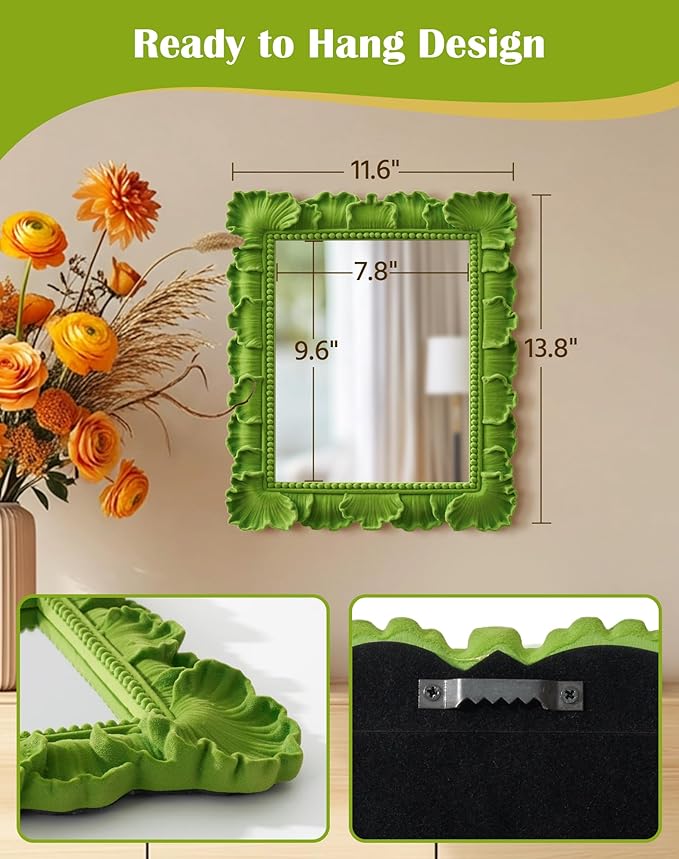 Unique Mirror Wall Decor with Resin Leaf Frame and Soft Velvet Touch for Bedroom Aesthetic, 14x12 Decorative Hanging Mirror Art Gift for Wedding Birthday Housewarming Christmas (Lawn Green)