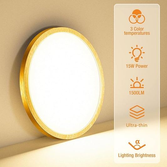slochi 7.2 Inch LED Flush Mount Ceiling Light Fixture, 3000K-4000K-6500K & 100W Equivalent Modern Kitchen Recessed Ceiling Lamp 15W 1500Lm Closet Round Surface for Bathroom Laundry-Gold-Bronze
