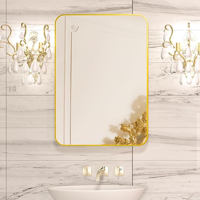 Manocorro Wall Mirror Bathroom Mirror, 20 x 28 Inch Vanity Mirror with Aluminum Alloy Frame, Rounded Corner Hanging Mirror Decor for Entryway, Bedroom, Living Room, Gold