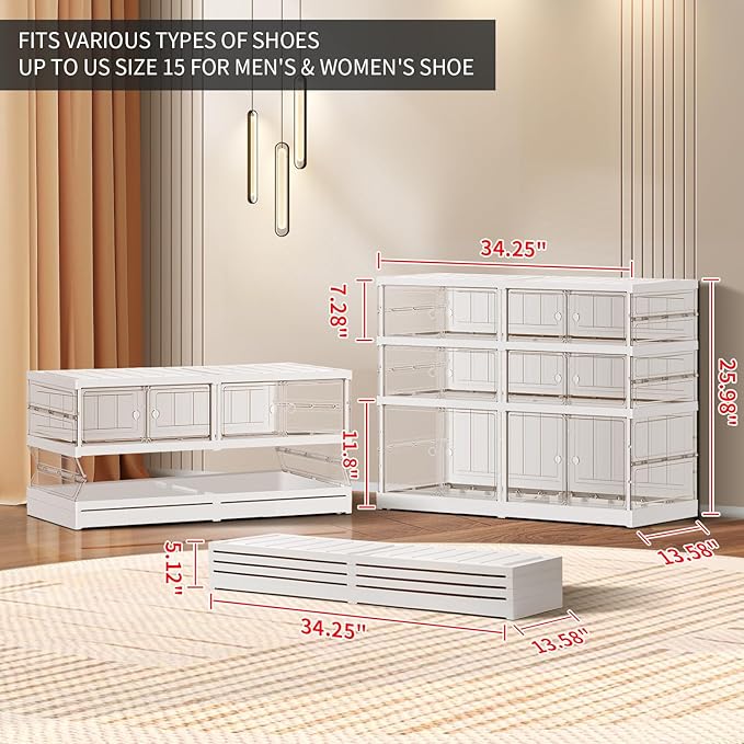 3-Tier Foldable Shoe Rack for Closet Entryway 6-12Pairs,Stackable Clear Shoe Storage Boxes Organizer with Door Plastic Small Shoe Cabinet Bins with Lids Shoes Shelf Easy Assembly White