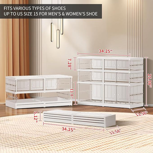 3-Tier Foldable Shoe Rack for Closet Entryway 6-12Pairs,Stackable Clear Shoe Storage Boxes Organizer with Door Plastic Small Shoe Cabinet Bins with Lids Shoes Shelf Easy Assembly White
