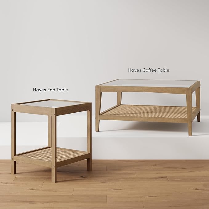 Nathan James Hayes Glass Top Coffee Table, Solid Wood Coffee Table with Glass Top and Rattan Bottom Shelf, Light Brown