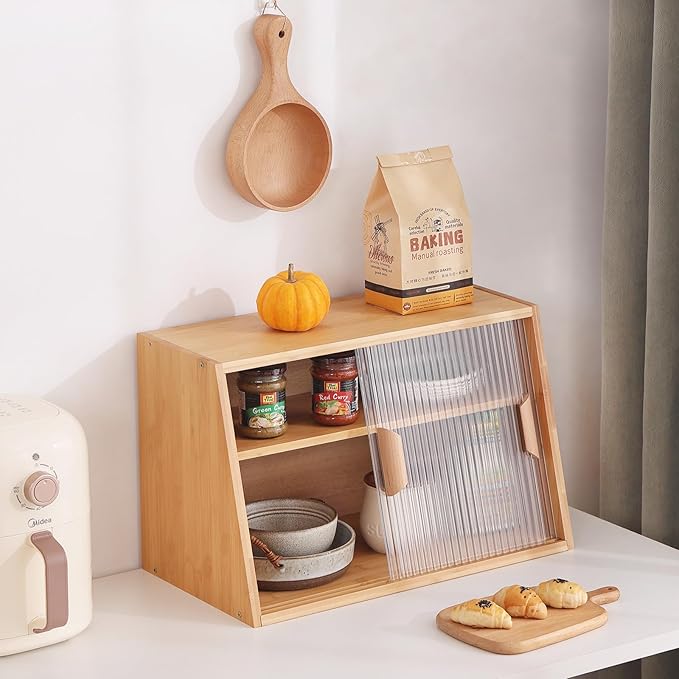 Tiita Small Kitchen Pantry Cabinet, Bamboo Sideboard with Glass Doors, Cupboard Food Pantry Cabinet for Kitchen, Living Room and Dinning Bedroom