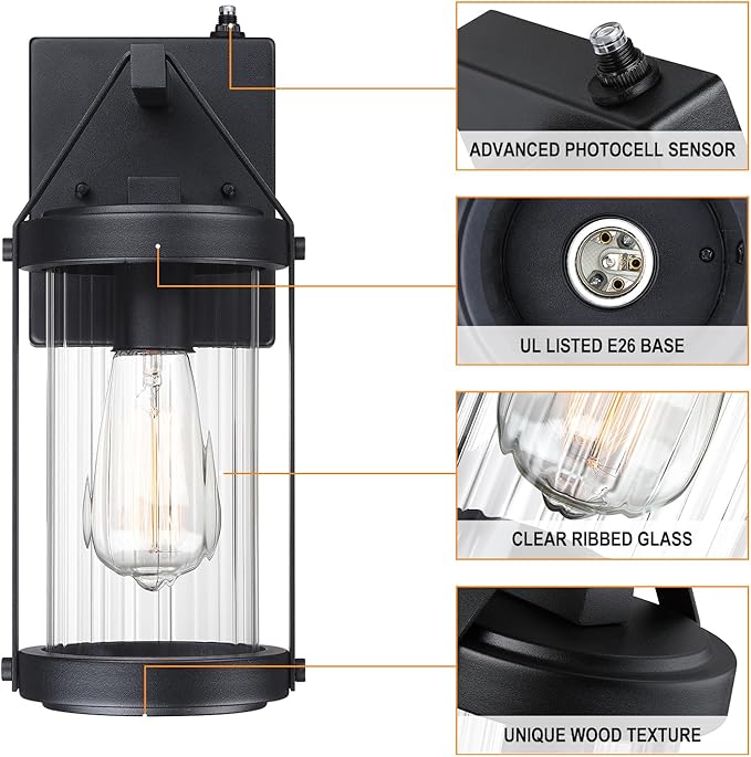 LONEDRUID 2 Pack Dusk to Dawn Sensor Outdoor Wall Sconce Lighting Black Exterior Porch Lantern Waterproof Outside Garage Light Fixtures Wall Mount for House Patio Entryway