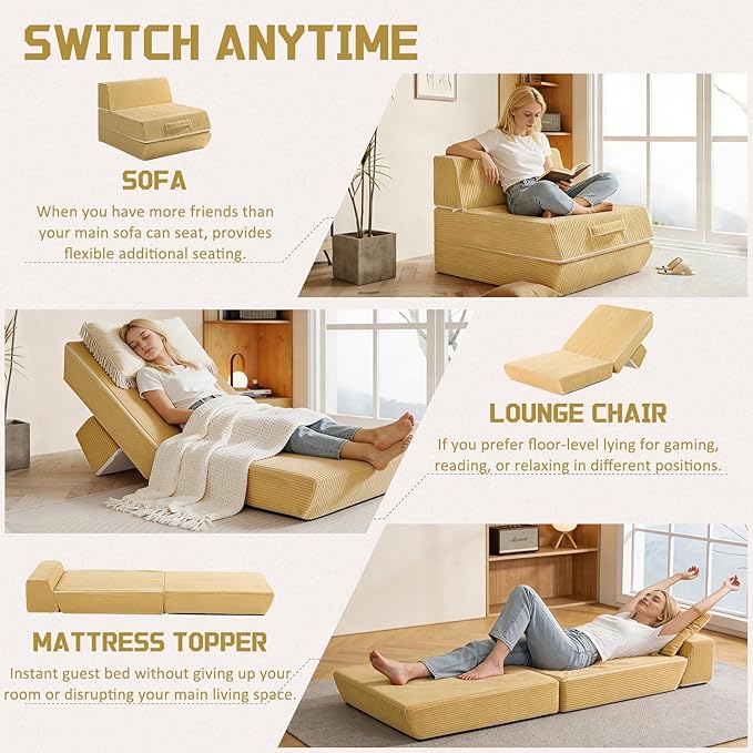 Trenda Folding Sofa Bed, 16lbs Convertible Sleeper Chair with Removable Back Pillow & Handle, Washable Cover Solid Foam Fold Out Chair Bed for Living Room, Apartment, Guest, Single, Camel