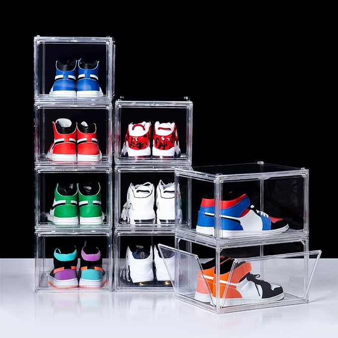 12 Pack Shoe Boxes, Clear Acrylic Stackable Plastic Sneaker Box Container, Magnetic Drop & Side Open Shoe Organizer Case Container With Lids Fits Up to Size 15(Transparency)