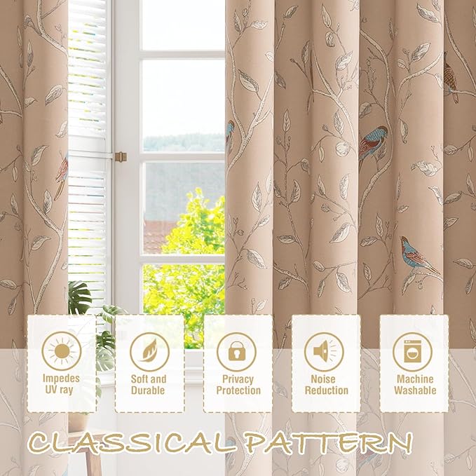 H.VERSAILTEX Blackout Curtains for Bedroom 84 Inches Length Thermal Insulated Birds Rustic Printed Curtain Drapes for Living Room Energy Efficient Room Darkening Home Decoration Pair 2 Panels, Taupe