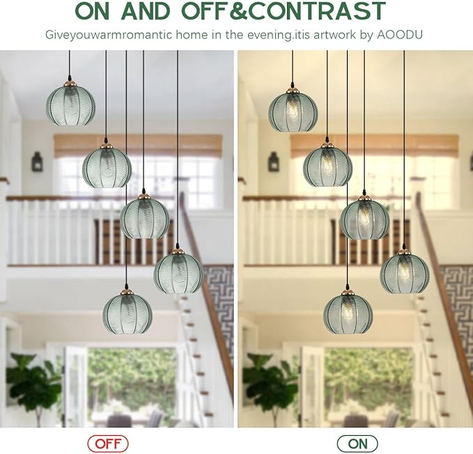 5-Light Long Staircase Chandelier Vintage Green Glass Chandeliers for High Ceilings Black Adjustable Pendant Light Fixture for Foyer Living Room Entryway, Mid Century Fixtures
