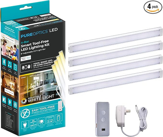 PureOptics LED Works with Alexa Smart LED Under Cabinet Lighting Kit, Motion Sensor, Dimmable, 3 Color Settings, For Kitchen, Cabinets and Closets, (4) 9" Bars, White, A Device